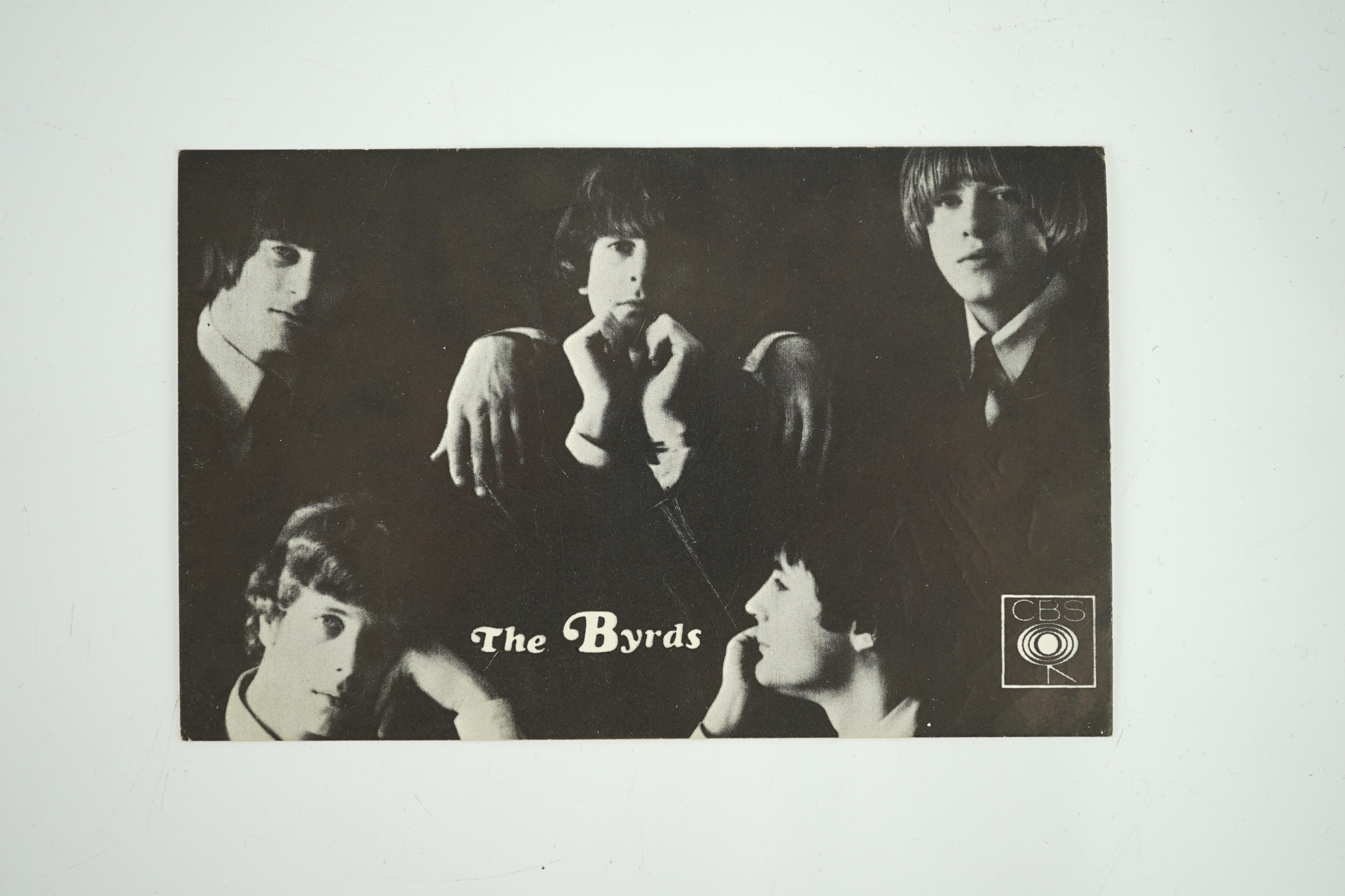 The Byrds promotional postcard signed by band members; Gene Clark, David Crosby, Roger McGuinn, Mike Clarke and Chris Hillman, with dedication ‘To Pat’ and ‘To Ann’, promoting their latest LP and single, the signatures w